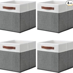 13″x13″ Large Storage Cubes, Set of 4 Collapsible Cube Storage Bins With Handles for Organizing, Fabric Closet Organizers Box for Playroom, Office, Dorm Home Organization and Storage(White&Grey)