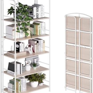 GHQME No Assembly Folding Bookshelf, Metal Book Shelf for Storage, Folding Bookcase for Office Organization and Storage (White, 5 Tiers)