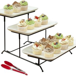 HAPPY KIT 3 Tier Serving Tray with Serving Tong, Ceramic Rectangular Serving Platters