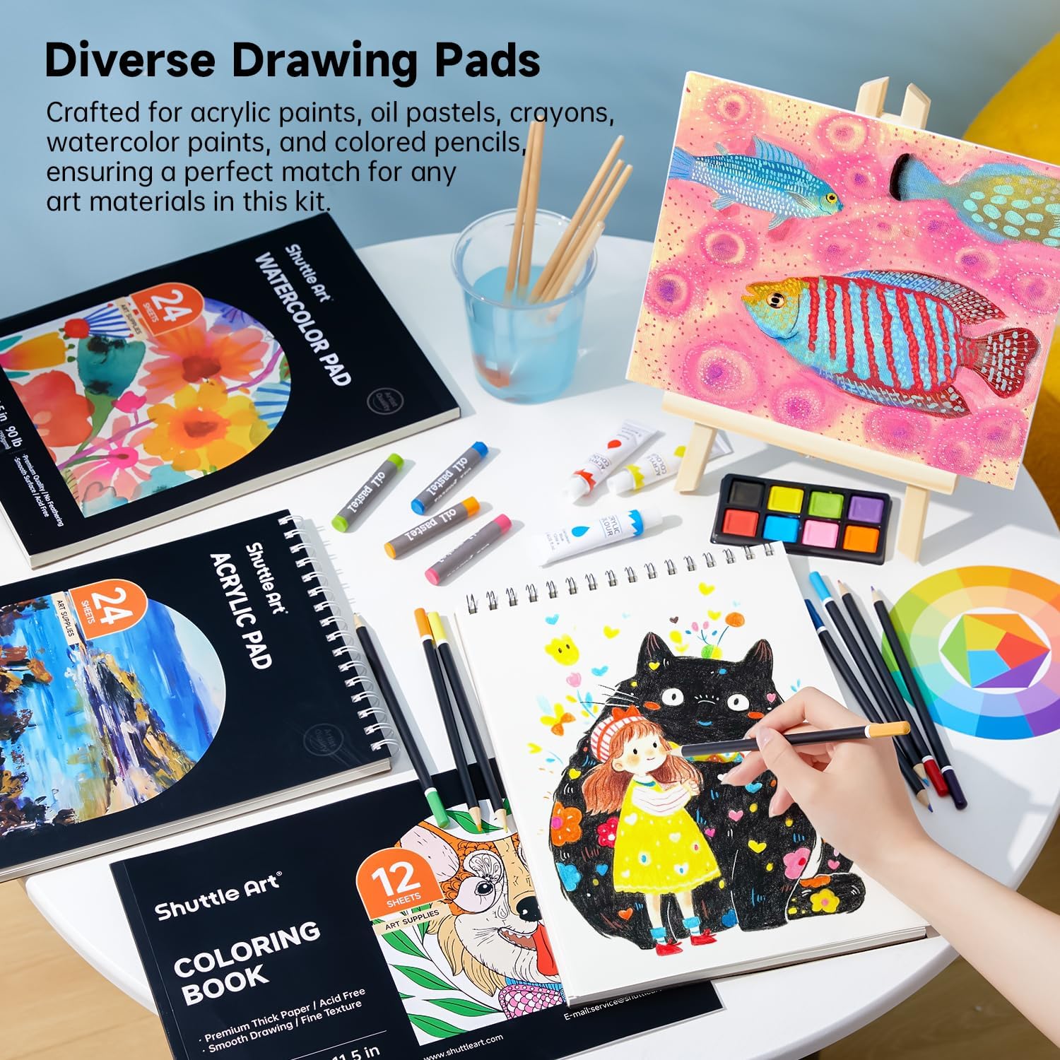 Sunnyglade 145 Piece Deluxe Art Set, Wooden Art Box Shuttle Art Deluxe Gift Art Kit, 202-Piece Wooden Art Supplies Set With 4 Drawing Pads, Canvases, Coloring Sheets, Acrylic Paint, Crayons, Oil Pastels